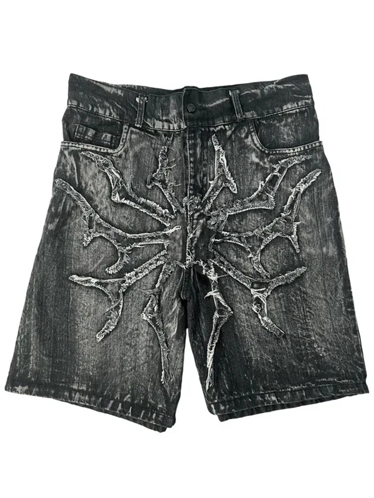 Pantaloncini Larghi Unisex Stile Gotico Retrò Y2K, Jeans Phantom con Ricamo a Ragno, Streetwear Hip Hop