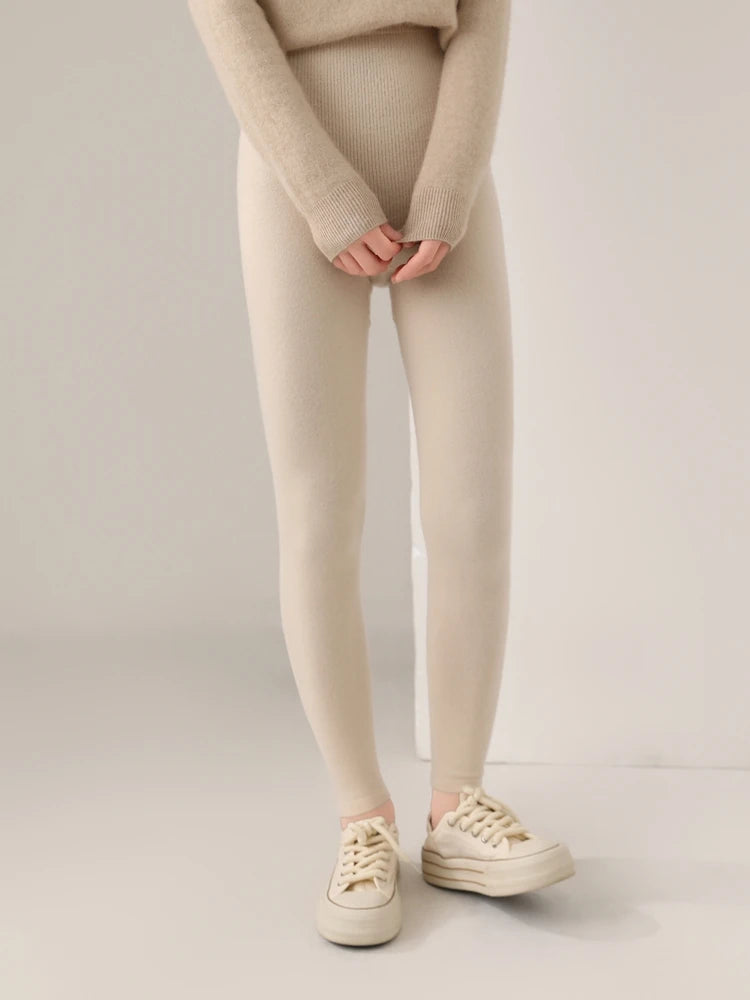 Women's Wool Leggings Slim Warm Autumn Winter High Waisted Elastic Tight Pants 100% Merino Wool Knitted Skin-friendly Leggings PlatiNum
