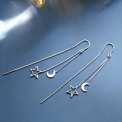 Ventfille 925 Sterling Silver Star Earring for Women Girl Simple Tassels Chain Fashion Office Jewelry Gift Dropshipping PlatiNum