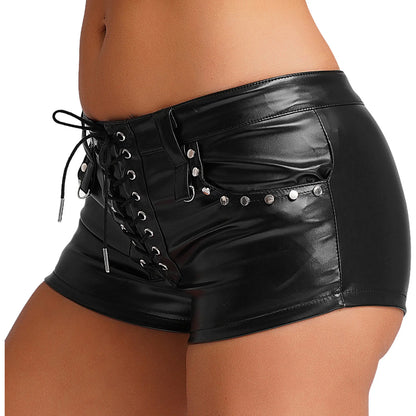 Womens Sexy Tight Fitting Hot Pants Lace-up Pockets Hot Minipants PU Leather Rivets Rave Shorts Wet Look Rave Bar Club Wear
