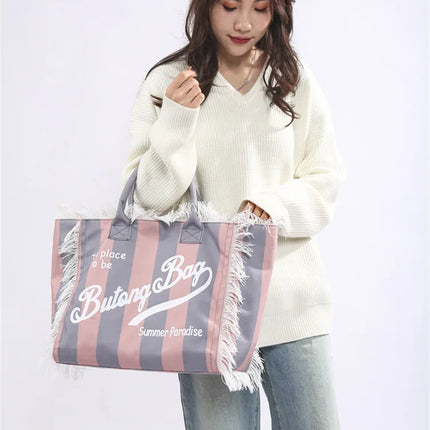 Borsa tote a righe da donna con colori contrastanti Borsa a tracolla con lettere alla moda Borsa da pendolarismo per ascelle di grande capacità