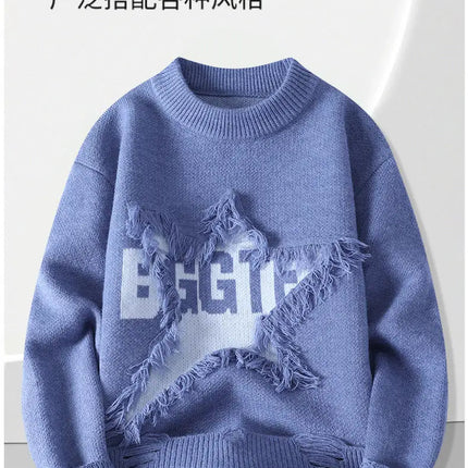 Edgy Star Fringe Knit Sweater – Distressed Lettering Crewneck for Men