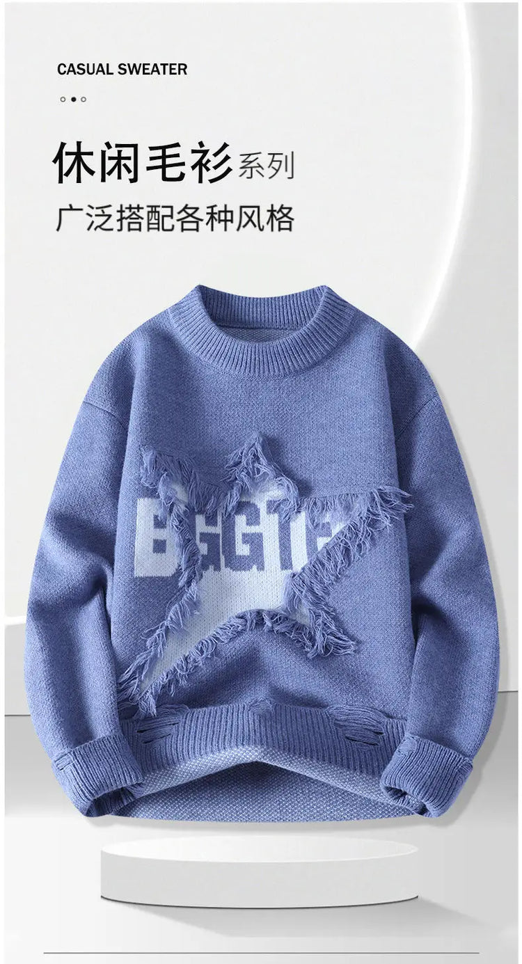 Edgy Star Fringe Knit Sweater – Distressed Lettering Crewneck for Men