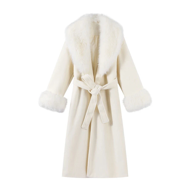 White Fur Patchwork Lace-up Overcoats Women's Street V-neck Full Sleeve Long Woolen Coat 2025 Winter New Ladies Thick Outwear