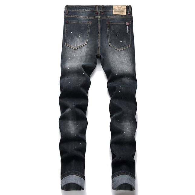 Fashion New Slim Stretch Ripped Jeans Men's Streetwear Paint Spots Denim Pants Hip Hop Punk Personality Hole Male Trousers PlatiNum