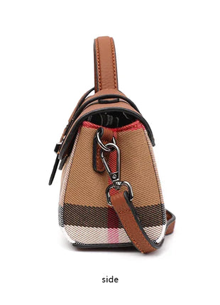 Borsa Mini Boston a Righe e Quadri in Tessuto con Finiture in Ecopelle, Chiusura a Giro e Torsione, Design con Patta, Borsa a Mano da Donna, a Tracolla, Portamonete