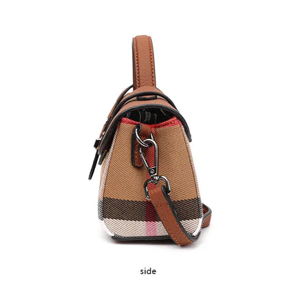 Borsa Mini Boston a Righe e Quadri in Tessuto con Finiture in Ecopelle, Chiusura a Giro e Torsione, Design con Patta, Borsa a Mano da Donna, a Tracolla, Portamonete