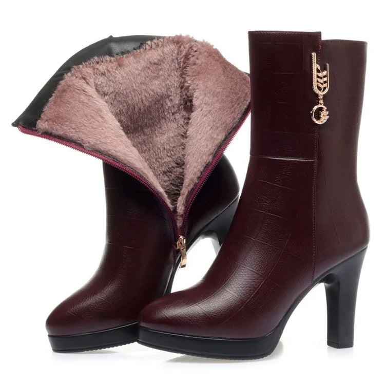 Women's Mid-calf Boots Temperament Pointed High Heeled Boots High Quality Casual Leather Boots for Women Plush Warm Winter Boot