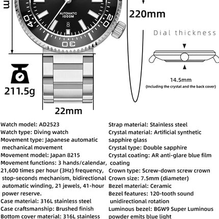ADDIESDIV2025 New 8215 Movement 200m Waterproof BGW9 Blue Luminous Luxury Diving Automatic Watch Stainless Steel Sapphire AD2523