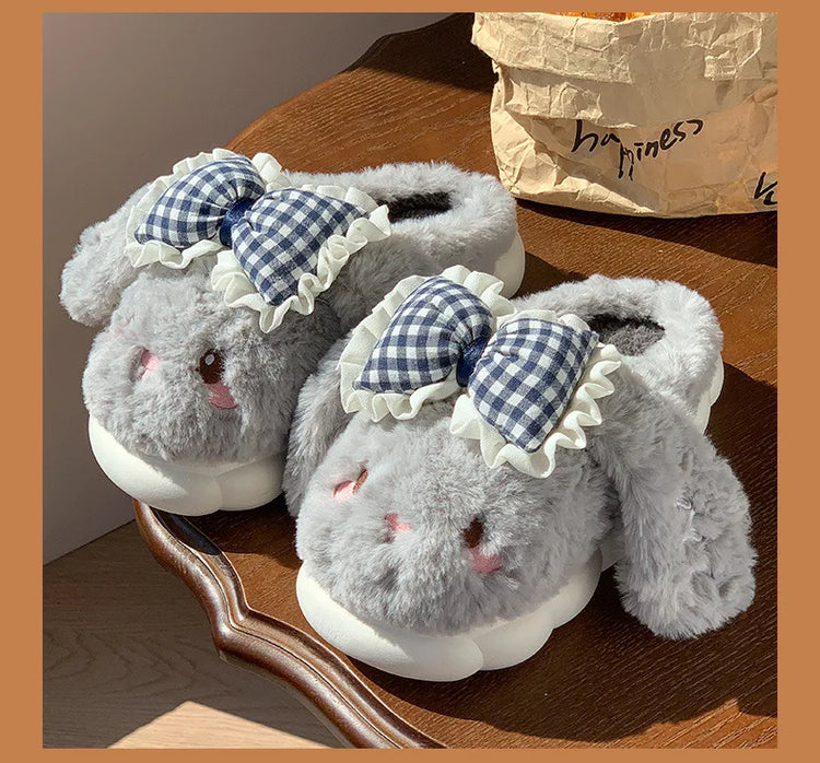 2026 New Women's Cotton Bow Bunny Slippers Winter Indoor Home Warm Household Wool Cotton Shoes Women Wear Indoor Winte