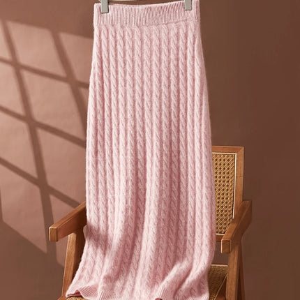 Autumn Winter 100% Cashmere Skirt Women Soild Mid-calf  High Waist Twist Flower Fit Slimming Knitted Dress  Light Luxury Elegant PlatiNum