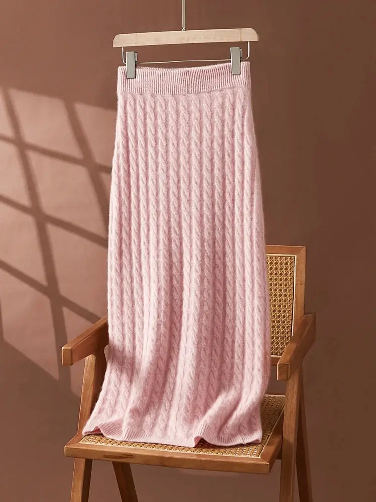 Autumn Winter 100% Cashmere Skirt Women Soild Mid-calf  High Waist Twist Flower Fit Slimming Knitted Dress  Light Luxury Elegant PlatiNum