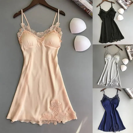 Abito da notte sexy in raso di seta da donna Camicie da notte senza maniche Camicia da notte con scollo a V Camicia da notte Indumenti da notte in pizzo Indumenti da notte per le donne Top da notte