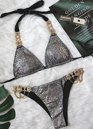 Catene di metallo con scollo all'americana Strass Diamante Bikini Costume da bagno donna Costumi da bagno femminili Due pezzi Bikini set Costume da bagno brasiliano Swim platinumshop