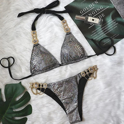 Catene di metallo con scollo all'americana Strass Diamante Bikini Costume da bagno donna Costumi da bagno femminili Due pezzi Bikini set Costume da bagno brasiliano Swim platinumshop