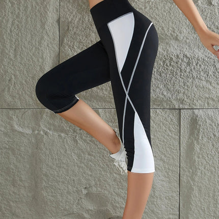 Women's Color Block Yoga Leggings High Waist Patchwork Calf-Length Running Sports Stretch Tight Pants PlatiNum