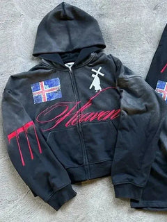 American Retro Streetwear Men's Suit Two-piece Set Goth Harajuku Zipper Hoodie High Street Trendy Casual Sports Suit Sweatshirt