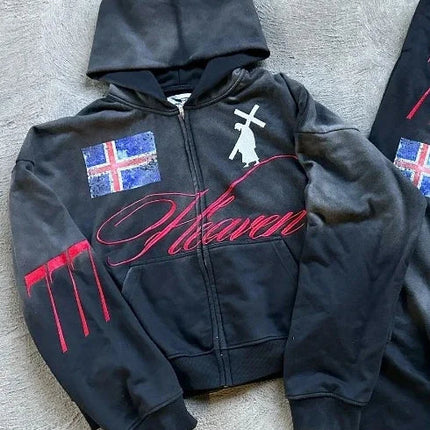 American Retro Streetwear Men's Suit Two-piece Set Goth Harajuku Zipper Hoodie High Street Trendy Casual Sports Suit Sweatshirt PlatiNum