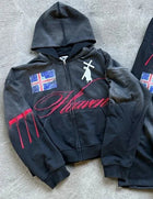 American Retro Streetwear Men's Suit Two-piece Set Goth Harajuku Zipper Hoodie High Street Trendy Casual Sports Suit Sweatshirt PlatiNum