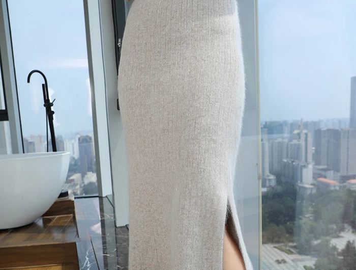 100% Pure Mink Cashmere One-Step Skirts Women's Elastic Waist Split Knitted Long Skirt Bag Hip Joker Straight Skirt Warm A Skirt PlatiNum