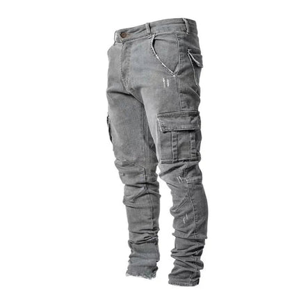Men Street Elastic Denim Jeans Wash Solid Color Multi Pockets Cargo Pants Casual Slim Fit Daily Wear Joggers Mid Waist Trousers PlatiNum