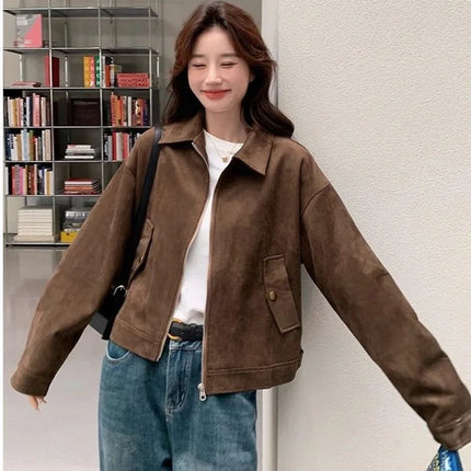 Retro Style Women's Short Suede Jacket Coffee Color Korean Style Autumn Coat Zipper Pocket Polyester Fiber Windproof