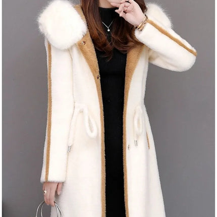 Imitation Mink Fleece Jackets Womens Autumn Winter Thicken Warm Hooded Woolen Coat High End Lady Gold Mink Velvet Wool Overcoat