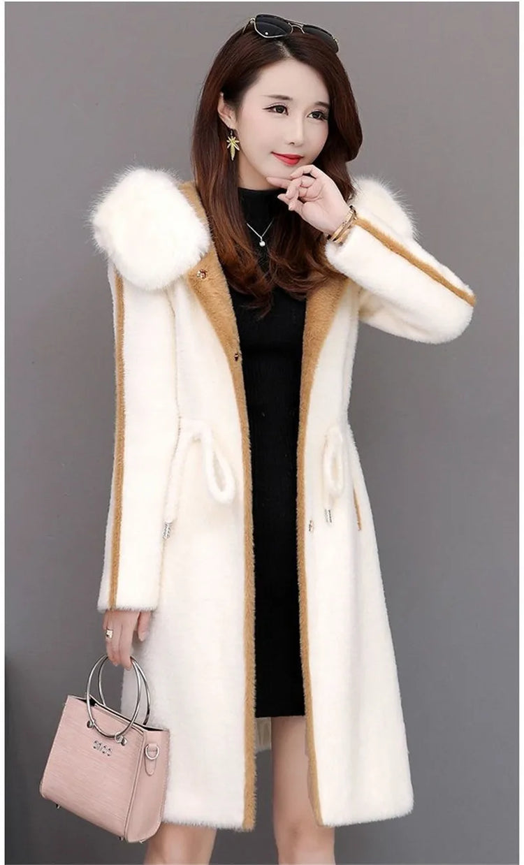 Imitation Mink Fleece Jackets Womens Autumn Winter Thicken Warm Hooded Woolen Coat High End Lady Gold Mink Velvet Wool Overcoat
