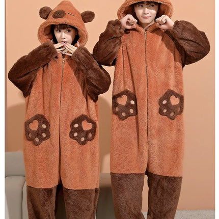 Family Matching Hooded Jumpsuit Cartoon Cypabara Onesie Winter Warm Sleepwear Boys Girls Pajamas Christmas Cartoon Home Clothes