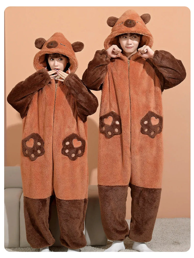 Family Matching Hooded Jumpsuit Cartoon Cypabara Onesie Winter Warm Sleepwear Boys Girls Pajamas Christmas Cartoon Home Clothes