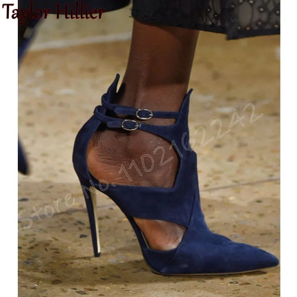 Primavera nuove pompe in pelle scamosciata a punta cinturino con fibbia a spillo tacchi alti pompe moda traspirante elegante passerella scarpe da donna di lusso 46