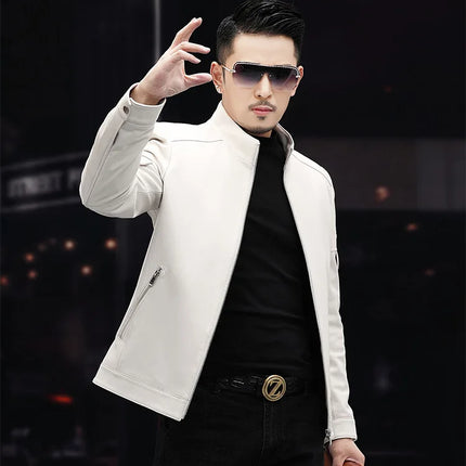 White Leather Jacket For Men 2023 Winter Male Business Simple Standing Collar Short Slim Coat Motorcycle Chaqueta Cuero Hombre