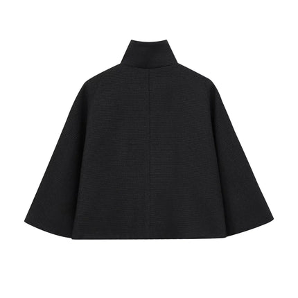 HH Women's 2025 New Solid Wool Blended Stand Collar Concealed Button Cape Jacket Female Fashion Versatile Temperament Jacket