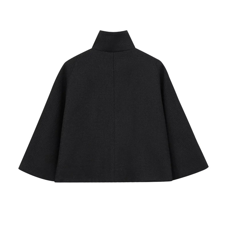 HH Women's 2025 New Solid Wool Blended Stand Collar Concealed Button Cape Jacket Female Fashion Versatile Temperament Jacket