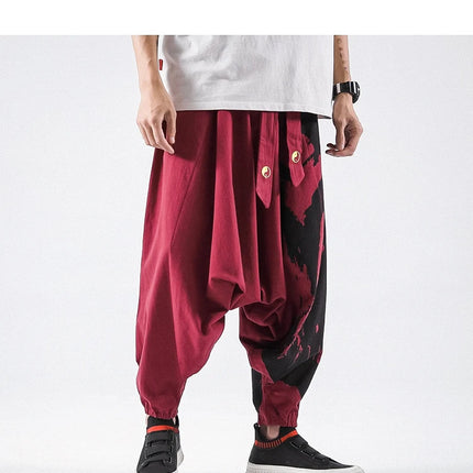 Pantaloni alla moda da uomo Samurai giapponese Ukiyo-e Cintura con stampa Pantaloni stile harem da uomo in cotone e lino Casual Oversize Harajuku Pantaloni a gamba larga da uomo