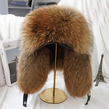New Winter Men's 100% Real Silver Fox Fur Bomber Hat Raccoon Fur Ushanka Cap Trapper Russian Man Ski Hats Caps Real Leather