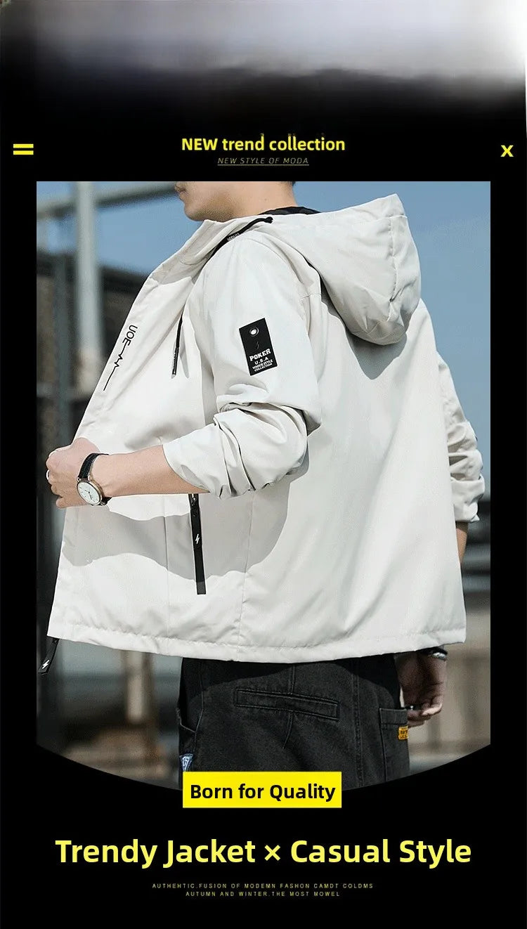 Casual Hooded Men's Jacket Youth Outerwear Spring Autumn New Style Korean Version Anti-Wrinkle Wear-Resistant Windproof Polye...