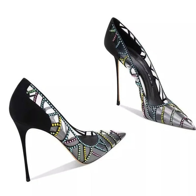 Scarpe da Donna Nere con Tacco a Spillo a Punta, Nuove 2026, con Strass Multicolore Trasparenti, Design di Nicchia platinumshop