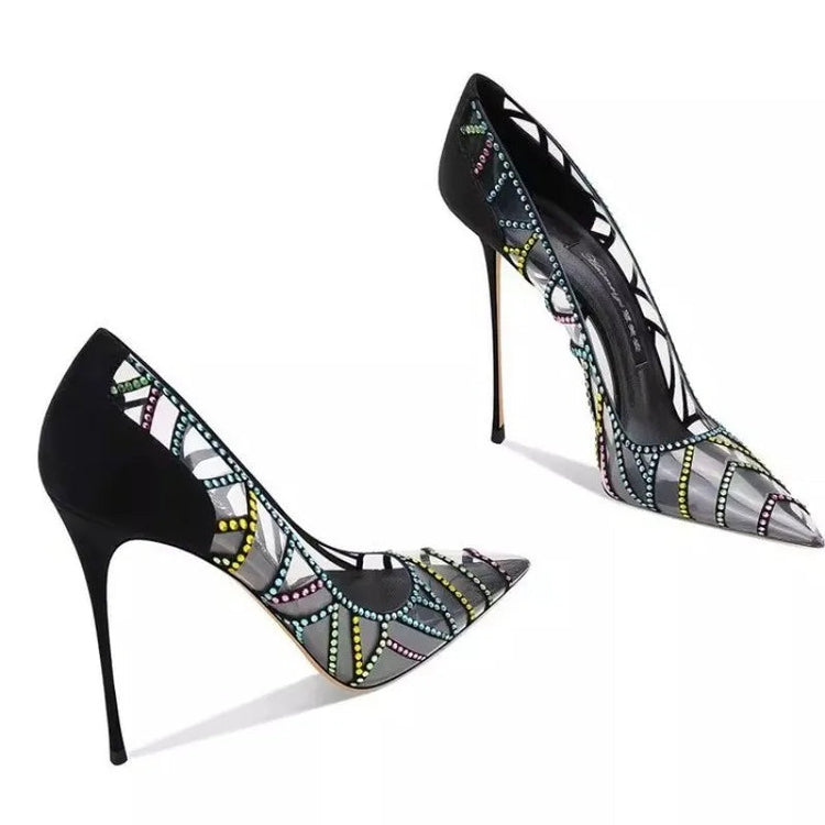 Scarpe da Donna Nere con Tacco a Spillo a Punta, Nuove 2026, con Strass Multicolore Trasparenti, Design di Nicchia platinumshop