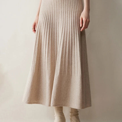 New Arrivals Women Cashmere A-line Skirt Elastic Waist Pleated Skirt 100% Cashmere Knitted Autumn Winter Thin Office Lady Dress PlatiNum