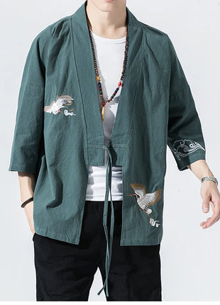 Camicie gru ricamate stile cinese retrò cotone lino Tang vestito Cardigan Mens tradizionale Kung Fu Tai Chi Casual Top camicette