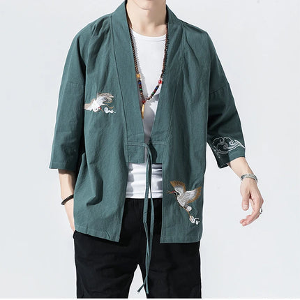 Camicie gru ricamate stile cinese retrò cotone lino Tang vestito Cardigan Mens tradizionale Kung Fu Tai Chi Casual Top camicette