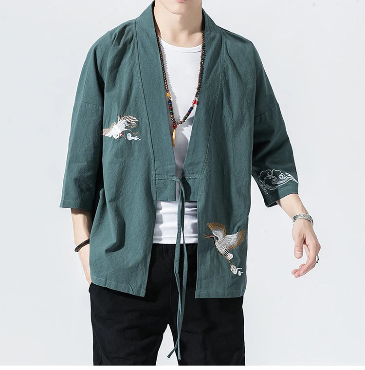 Camicie gru ricamate stile cinese retrò cotone lino Tang vestito Cardigan Mens tradizionale Kung Fu Tai Chi Casual Top camicette