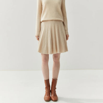 Luxury Women's 100% Cashmere Pleated Short Skirt Spring Autumn Winter Wear Lady's Preppy Style Pleated Skirt Cashmere Knitted C PlatiNum