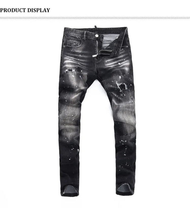 Street Designer Fashion Men Jeans High Quality Retro Black Gray Stretch Slim Fit Ripped Jeans Men Brand Vintage Y2K Denim Pants PlatiNum