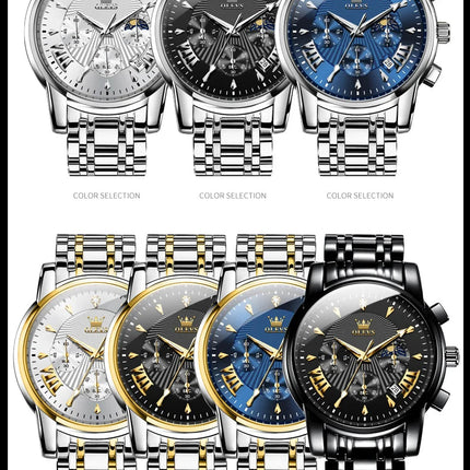 OLEVS Orologi al quarzo da uomo Orologi di marca in acciaio inossidabile Orologio sportivo impermeabile per uomo Cronografo con fasi lunari platinumshop