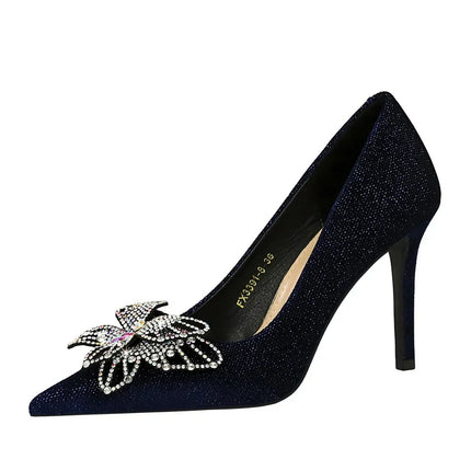 NUOVE Décolleté da donna con strass Tacchi alti a farfalla 10 CM Tacchi a spillo da donna in pelle scamosciata Scarpe da banchetto di lusso Scarpe da sposa di moda