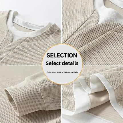 Spring and Autumn New Men Henley neck T Shirt Long Sleeve Casual  Solid color T-Shirt Fashion Waffle Fake two-piece Sweatshirts PlatiNum