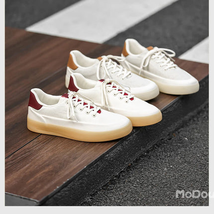 Men's Linen Canvas Platform Sneakers, Breathable Low‑Top Casual Skate Shoes, Retro Contrast Tan Trim Design, Soft Cushioned Thic