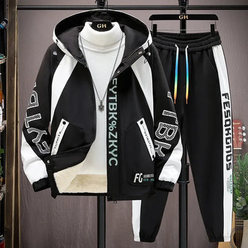 Winter Warm Hooded patchwork Jacket+Pant 2-piece Set Men Set Sports Suit Fleece Thickened Sportswear Casual Men Tracksuit